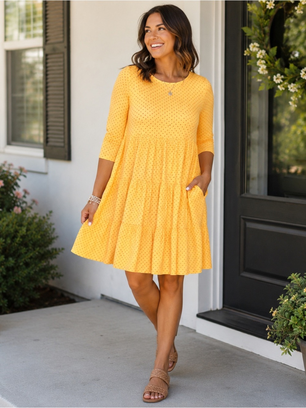 Agnes & Dora Krafft Tiered Dress Yellow Pink Pin Dot Size Small NWT